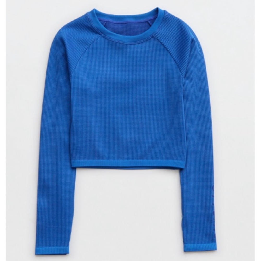Aerie seamless waffle long sleeve crop top, blue, medium